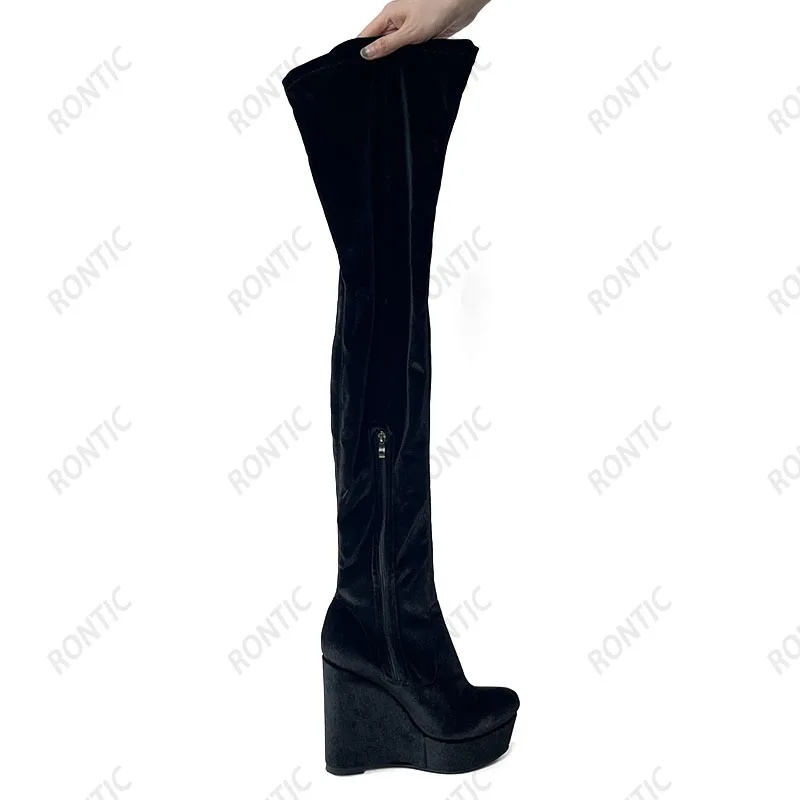 Rontic Handmade Women Winter Slim Thigh Boots Side Zipper Wedges Heels Round Toe Fabulous Black Night Club Shoes US Size 5-20