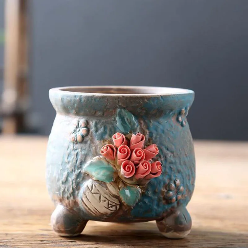 Coarse Pottery Relief Flower Ball Bonsai Pot Succulent Plant Pot Vase Breathable Flowerpot Desktop Ornaments Home Decoration