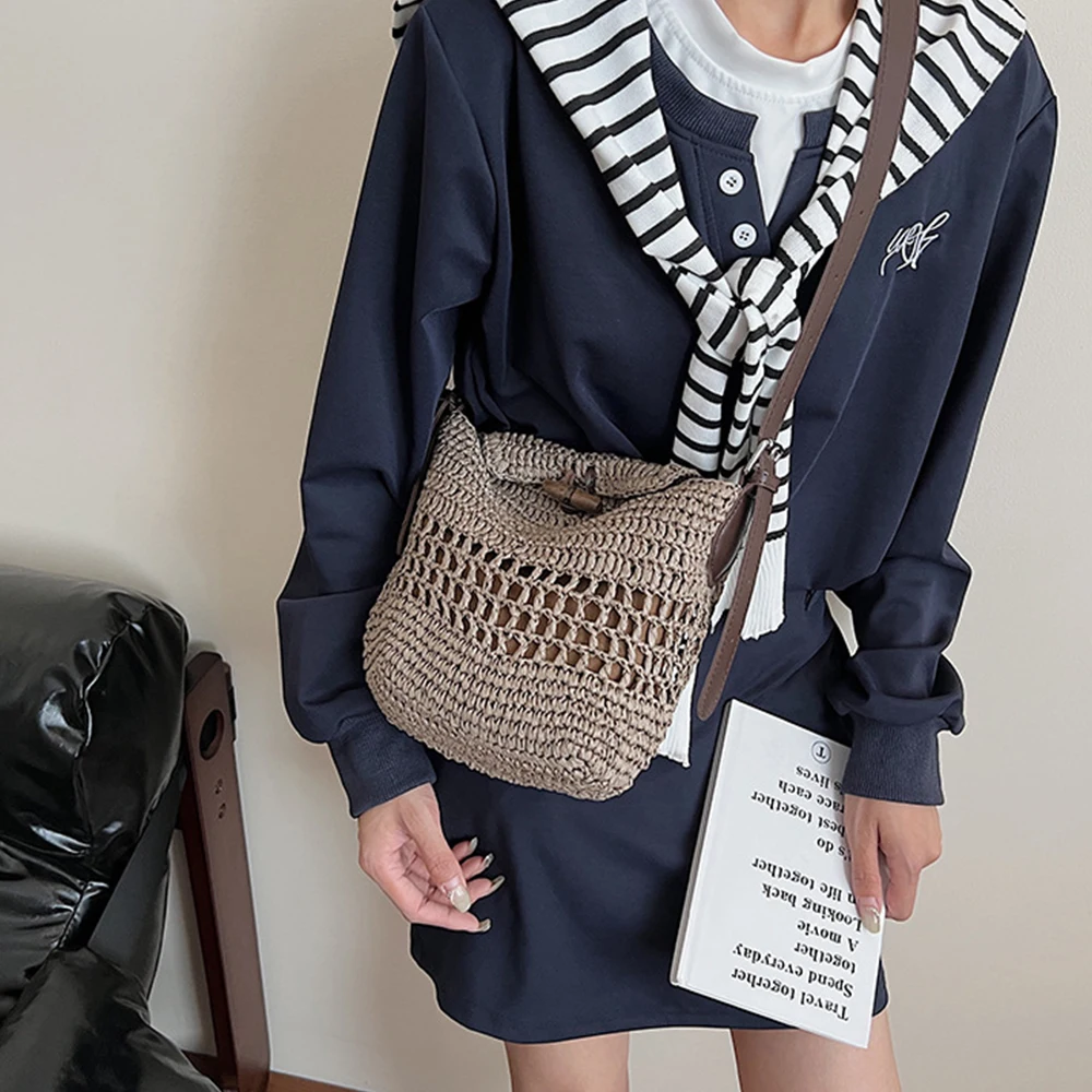 Summer Hollow Beach Bags For Women Bohemian Shoulder Bag Paper Rope Crochet Straw Bag NEW Handbag Knitting Woven Crossbody Bags