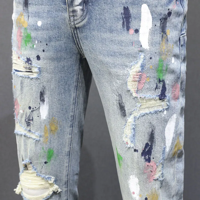 Designer Fashion New Men's Jeans White Patched Wrinkles Scratches Nostalgic Stretch Slimming Painted Washed Blue Jeans Hip Hop P
