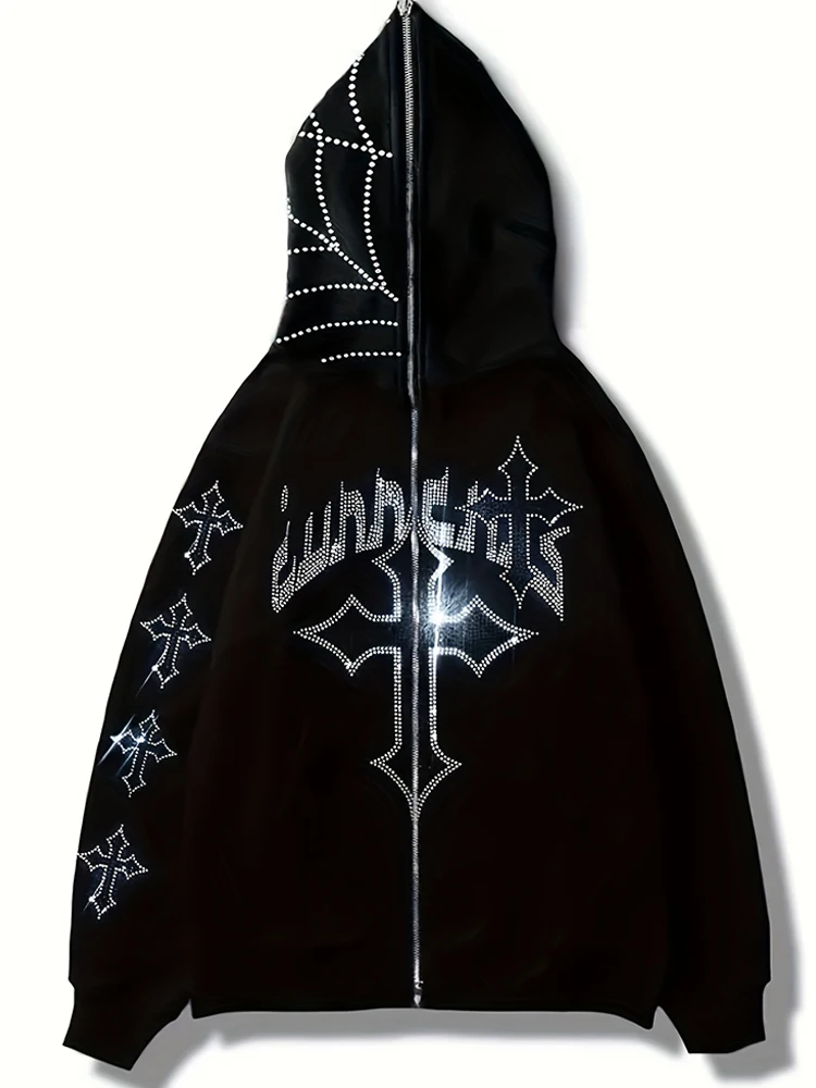 

Street Tide Готический темный свитшот с длинными рукавами Женский повседневный свободный топ Y2K Модная толстовка со стразами и буквенным принтом креста