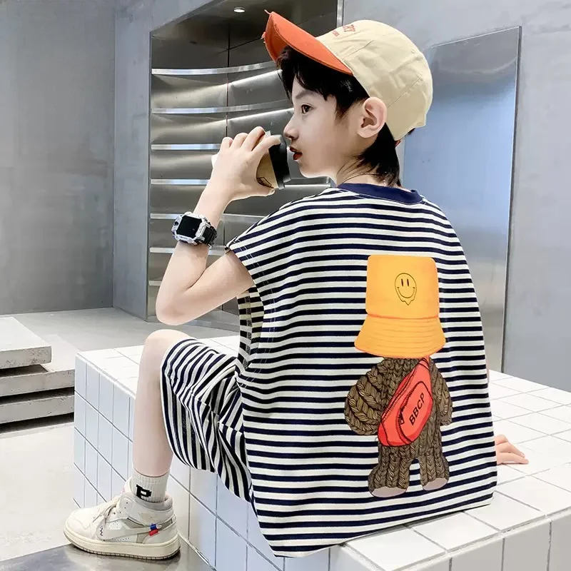summer-boys'-cotton-t-shirt-short-sleeve-sports-set-kids'-trendy-brand-pure-cotton-clothing-for-ages-3-14-two-piece-set