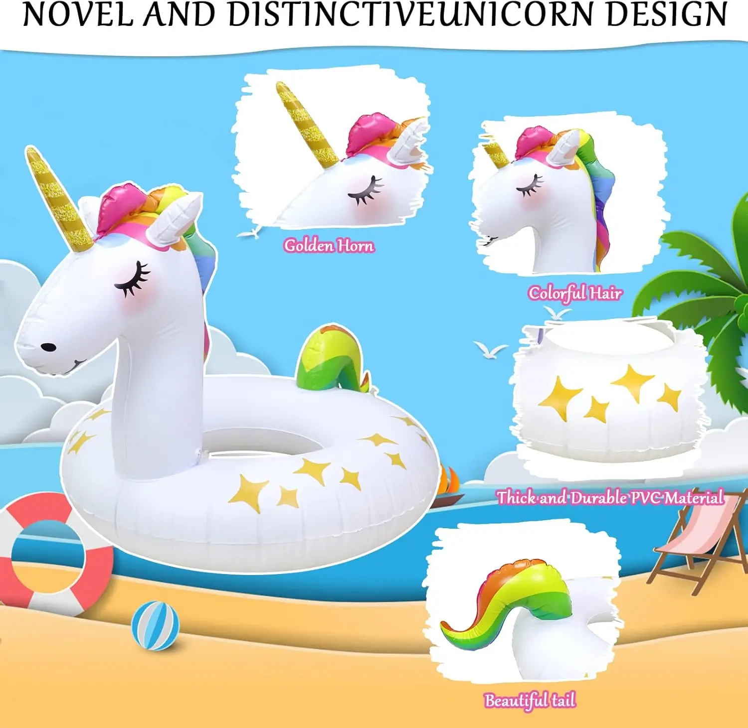 Flotadores de piscina de unicornio, flotadores inflables para natación, anillos de tubo, flotadores divertidos para piscina de playa, tumbona para balsa de piscina de verano para adultos