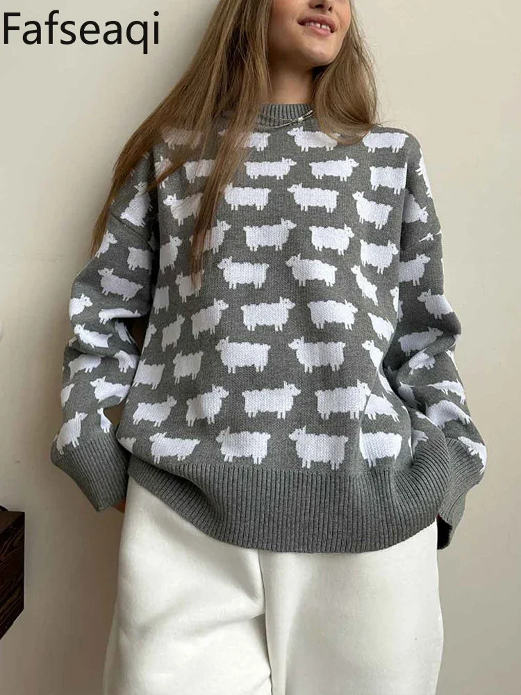 2024 O-neck Alpaca Print Sweater for Women Autumn Loose Pullover Knited Top Long Sleeve Oversize Sweater Simple Women's Knitwear