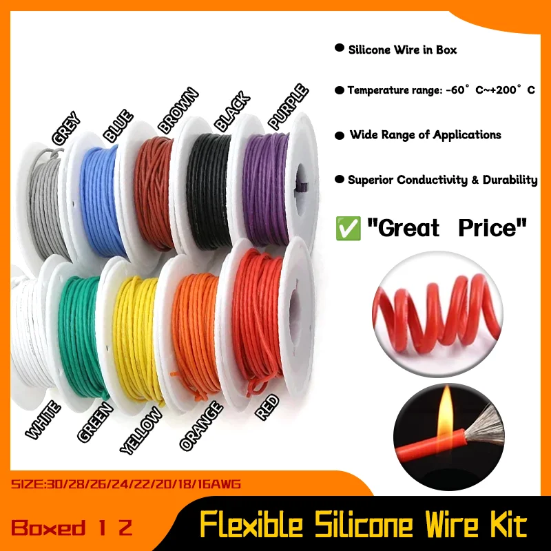 

30/28/26/24/22/20/18/16AWG Stranded Cable Electrical Tinned Copper Wires（5 Colors Mix Kit）Heat Resistant Flexible Silicone Wire