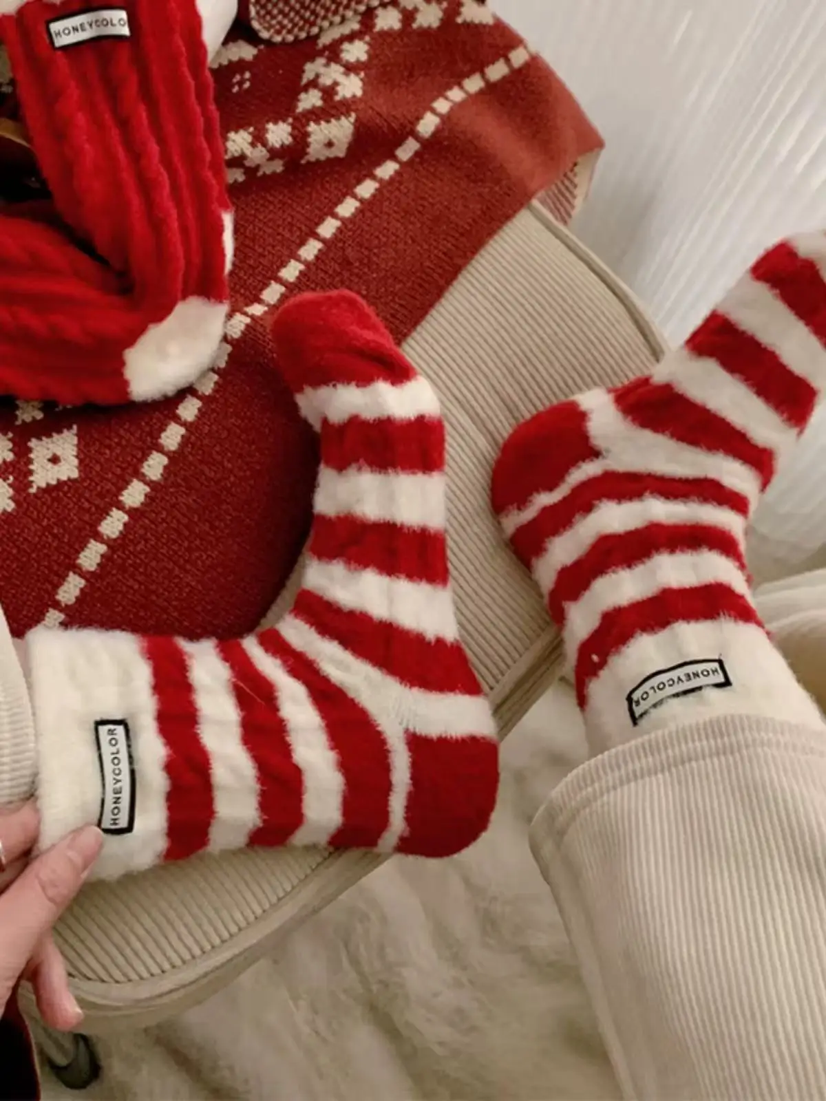 Осень/зима, красные теплые женские длинные чулки длиной до пола, мягкие и удобные, школьный сезон, Рождество, Новый год