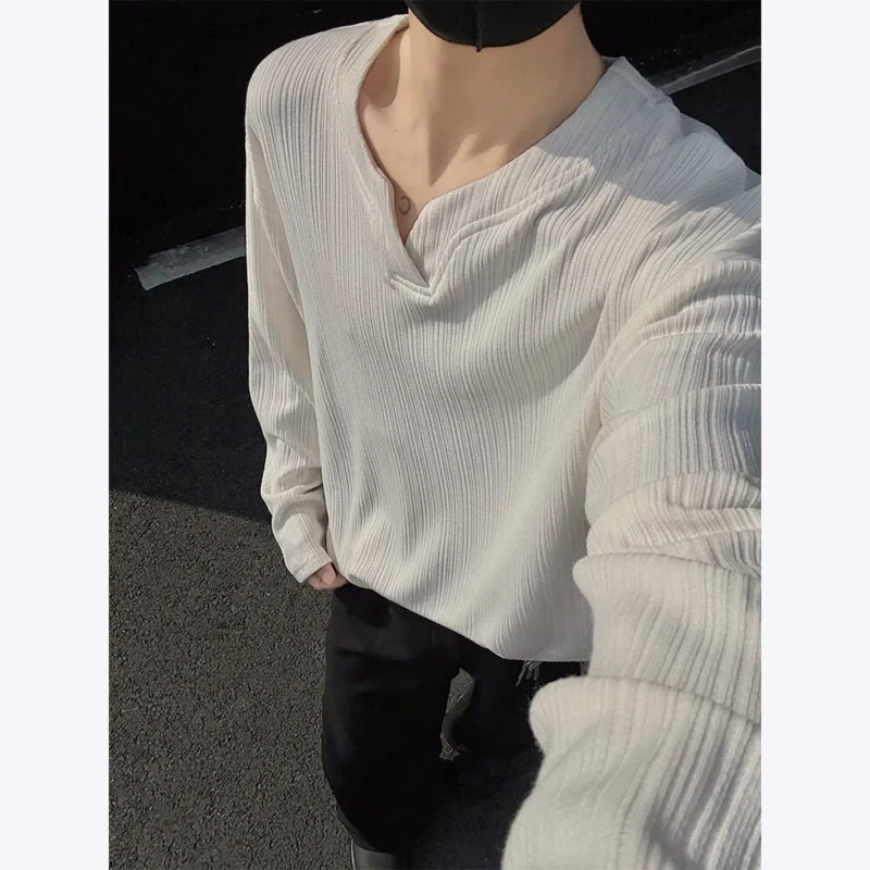 

Pop Spring Long Sleeved T-shirt Men Fashion Casual Pleated T Shirt Men Streetwear Korean Loose Round Neck T Shirt Mens Top M-3XL