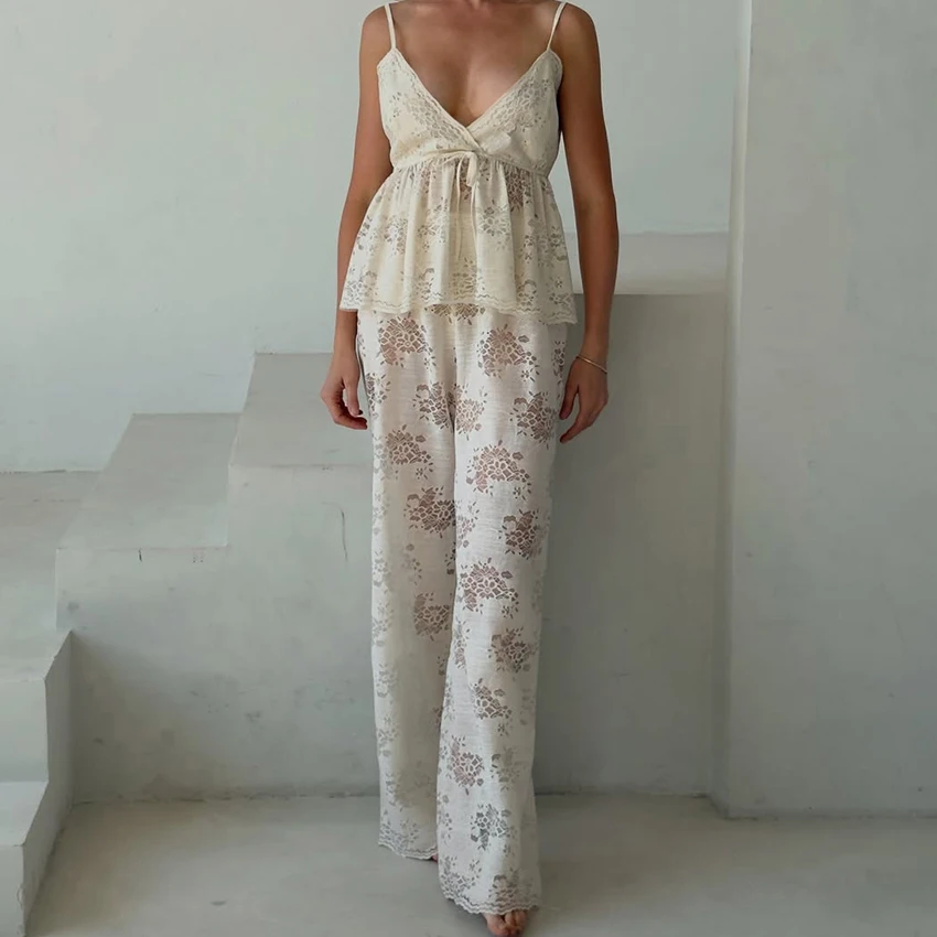 HiLoc Apricot Elegant Print Woven Elastic Ladies Pajamas 2 Piece Lace V-Neck Sleeveless Camisole Elastic Waist Full Length Pants