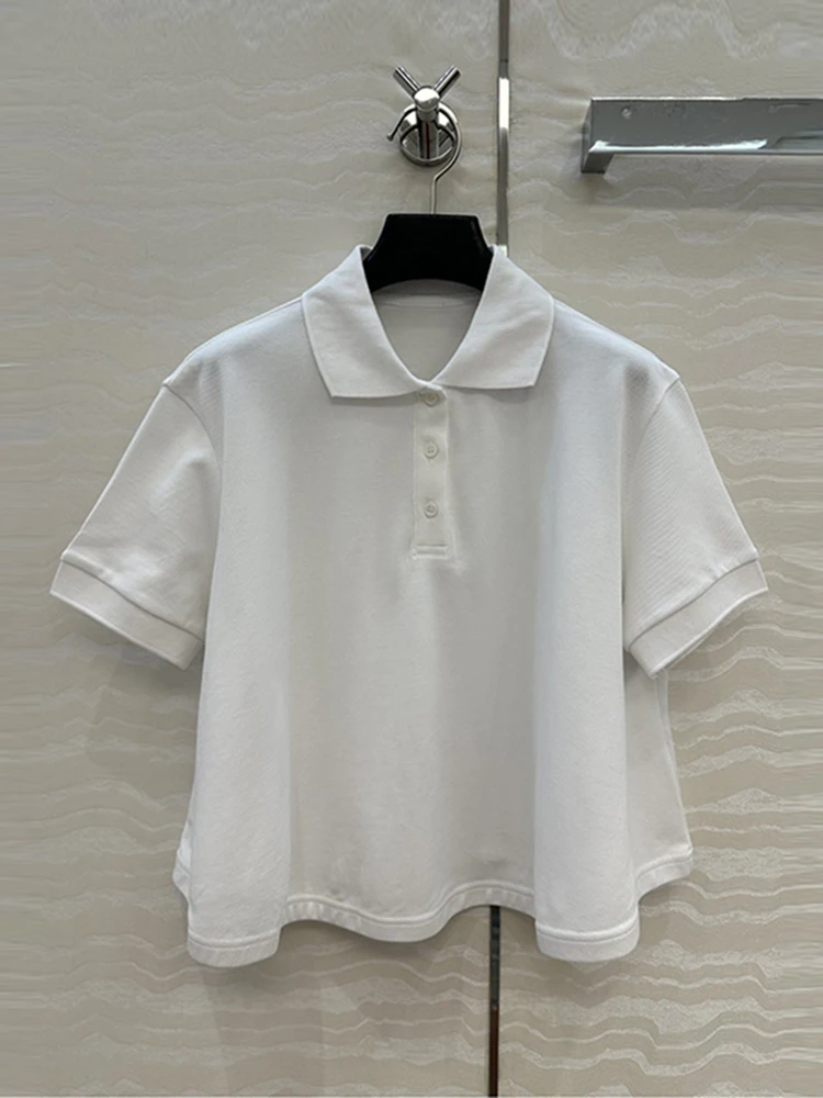 

Spring Summer Fashion Daily Casual White Color Cotton Knitting Blouses Women's Turn-down Collar Button Short Sleeve Shirt