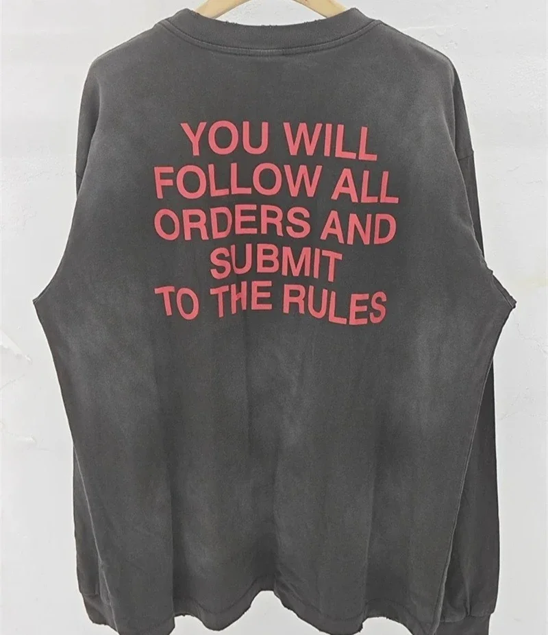 Black Washed Saint Michael Men’s Pullovers Pure Cotton Oversized Casual Long Sleeved T Shirts