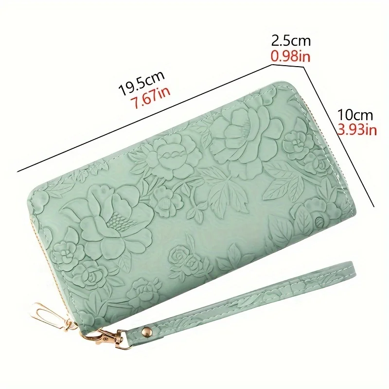 Cartera larga con relieve Floral para mujer, tarjetero de cuero PU, monedero de mano para teléfono de moda Simple, cartera pintada a mano