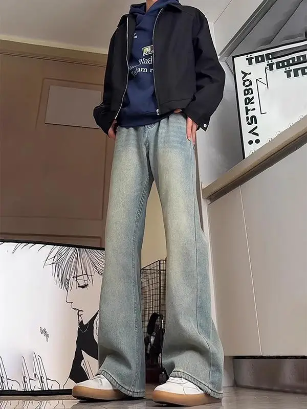 

Retro Blue Blade Men's Jeans Spring Autumn High Waist Extended Length American High Street Loose Leggings Bell Bot