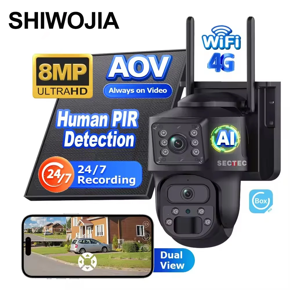 

SHIWOJIA 4K 8MP Solar Panel Camera 4G SIM AOV 7/24 Recording Solar Battery PIZ Cameras Dual Lens Night Vision PIR Monitor Camera