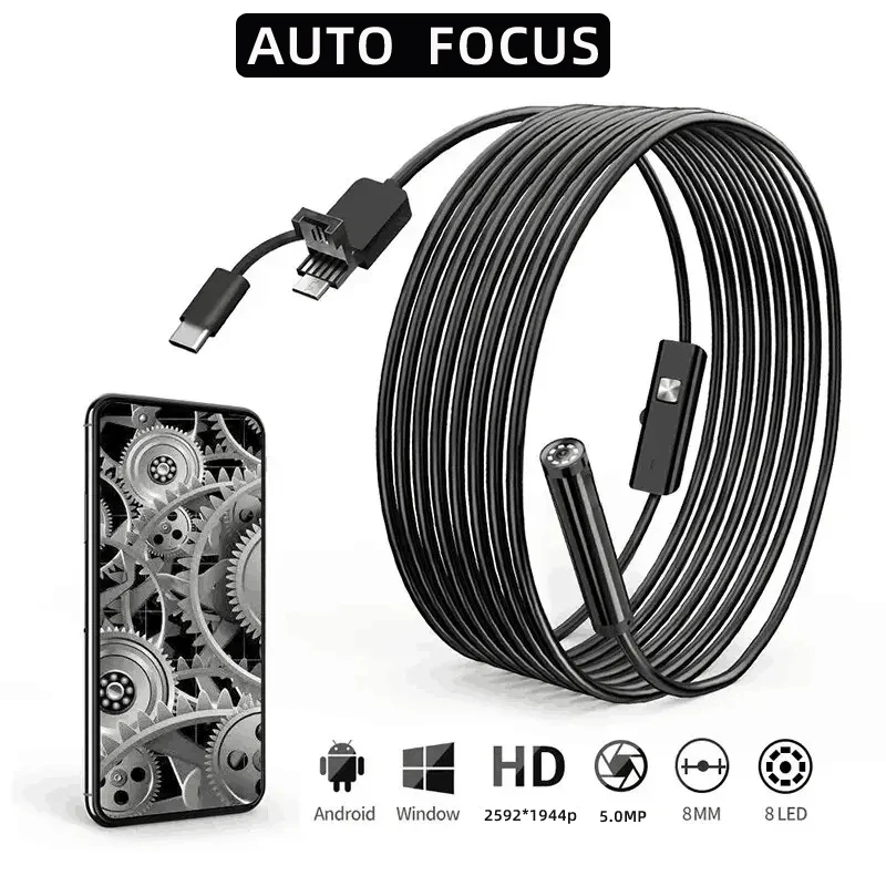 8Mm Auto Focus Hd 1944P Endoscoop Voor Auto \'S Android Telefoon Type-C 5mp Mini Riool Inspectie Camera Endoscopie Usb Borescope 1-20M