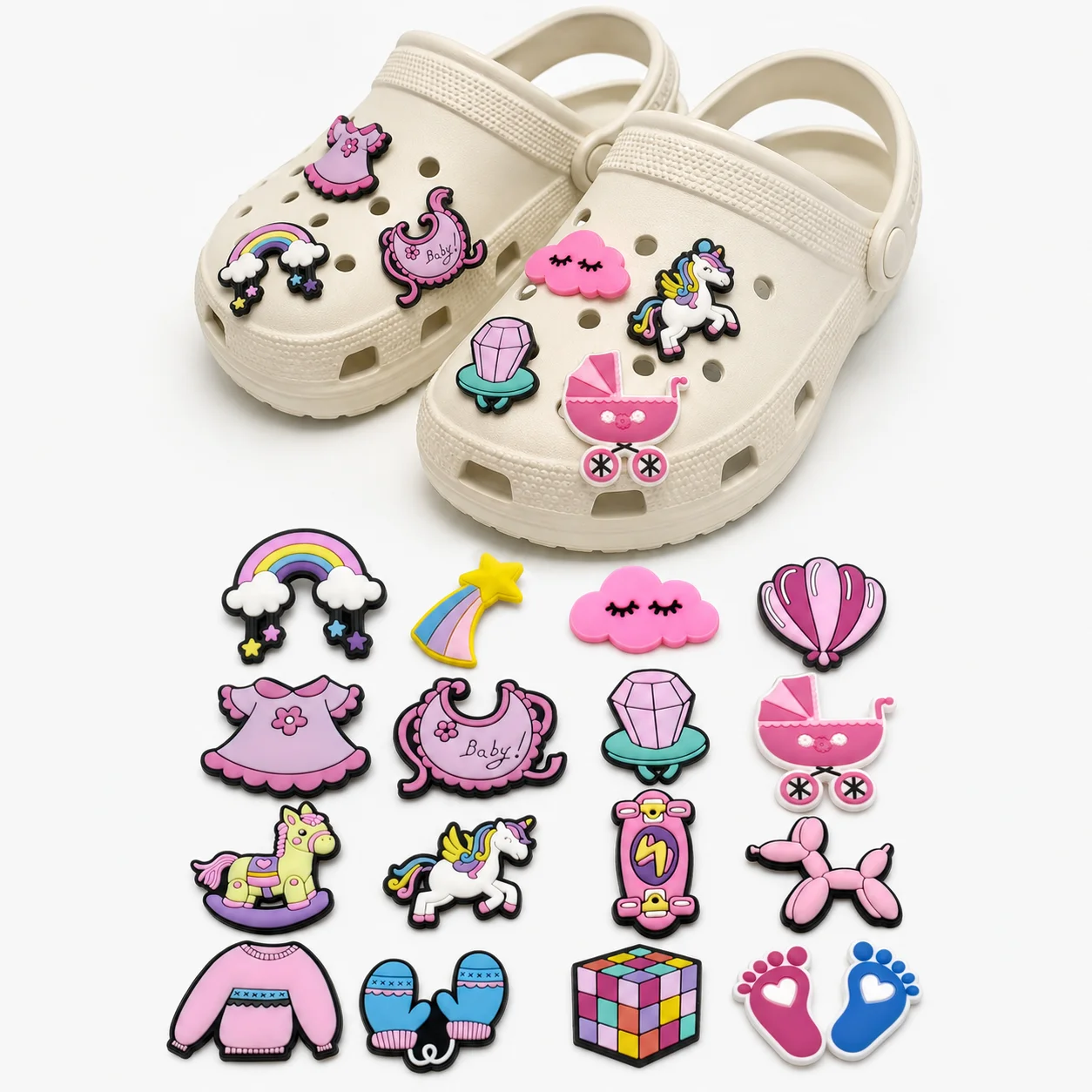 1/16 piezas de adornos para zapatos de bebé, adornos para vestidos, toallas sanitarias, cochecitos, adornos para zapatos, perros globo, caballos de madera, pines para zuecos y jeans para mujer.