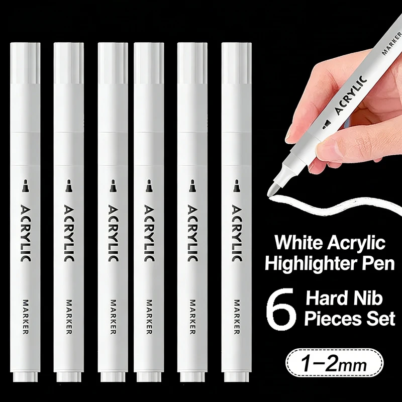 6pcs/set Acrylic Marker ,Brush Permanent Pen Art Supplies for Black Paper,Tire,Plastic,Stone,Painting for,Beginners White