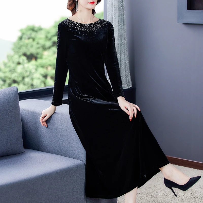 

2024 Black Floral Velvet Polo Collar Midi Dress Autumn Winter Thick Warm Loose Prom Dress Women Korean Vintage Hepburn Vestidos