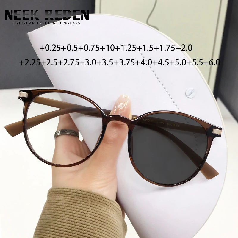 

Brown Round Photochromic Reading Sunglasses Men Women Tr90 Magnifier Eyewear Retro Optical Glasses With Diopter +0.25 +2.75 +5.5