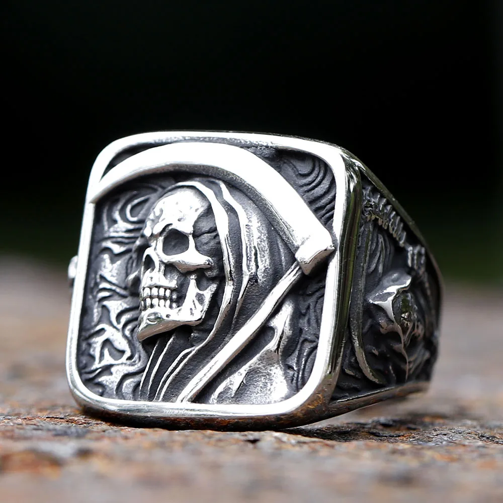 Anillos Vintage de acero inoxidable 316L para hombre, anillo de calavera dominante con hoz de la muerte, regalo de joyas de fiesta Punk de Hip-hop para hombre 2024