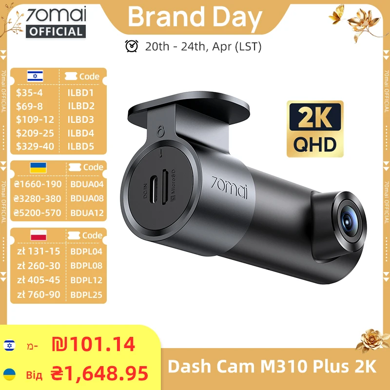 מצלמת דרך 70mai M310 Plus 2K עם שליטה קולית באנגלית, רזולוציית 1440P, WDR, ראיית לילה, ניטור חניה 24 שעות, 70mai M310 2K מקליט וידאו לרכב, Wi-Fi 6