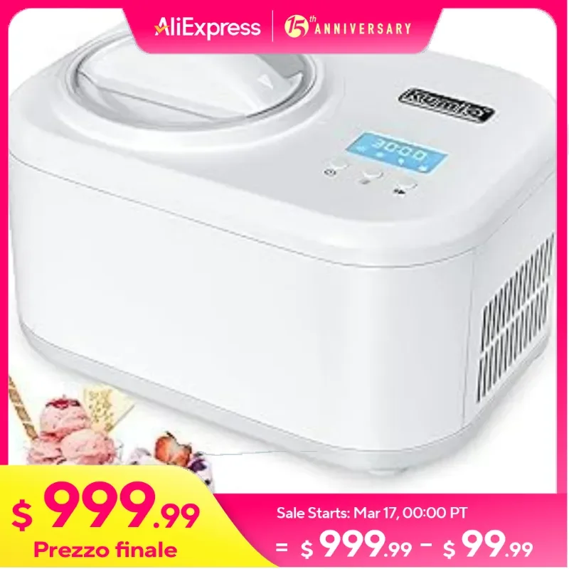 Machine à crème glacée automatique avec compresseur, machine à crème glacée, pas de précongélation, 4 modes, écran LCD, minuterie, 1.2 pintes