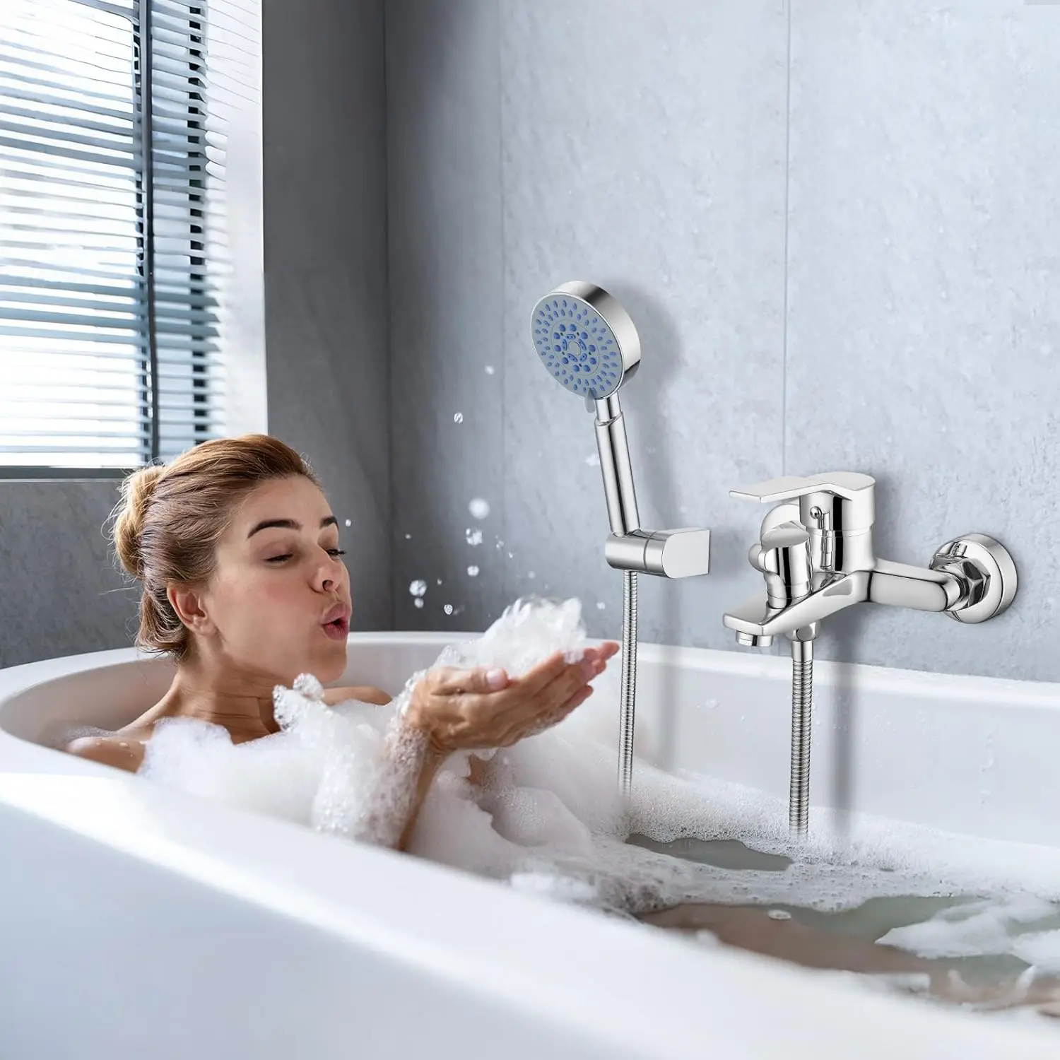 Badewannenarmatur-Set, Duscharmatur, Badezimmer-Duschset, verstellbar, Kalt- und Warmwasser, Edelstahl-Duschschlauch für Badezimmer