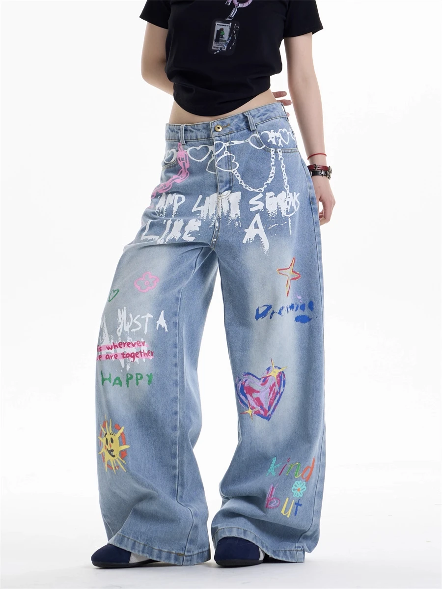 Pantalones vaqueros holgados Y2k con dibujo grafiti para mujer, pantalones Vintage Harajuku, estilo japonés de los años 2000, pantalones vaqueros de gran tamaño de Hip Hop, ropa
