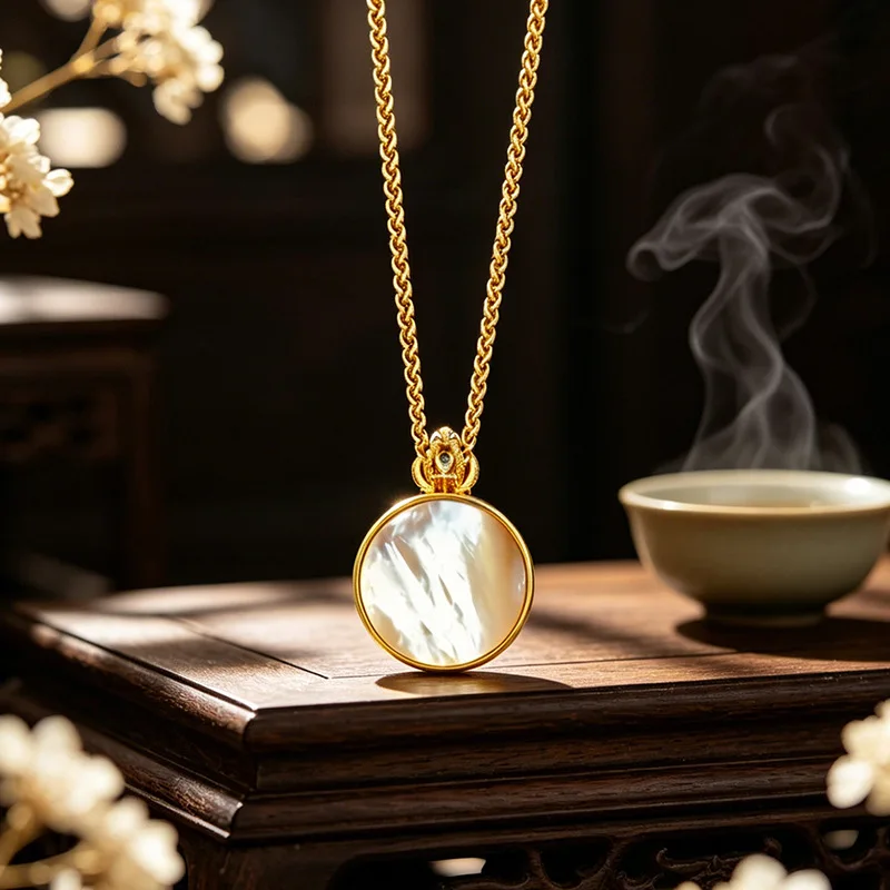 9999 24K Real Gold White Mother-of-pearl Double-sided Green Stone Eight-treasure Compass Pendant Sweater Chain Pendant