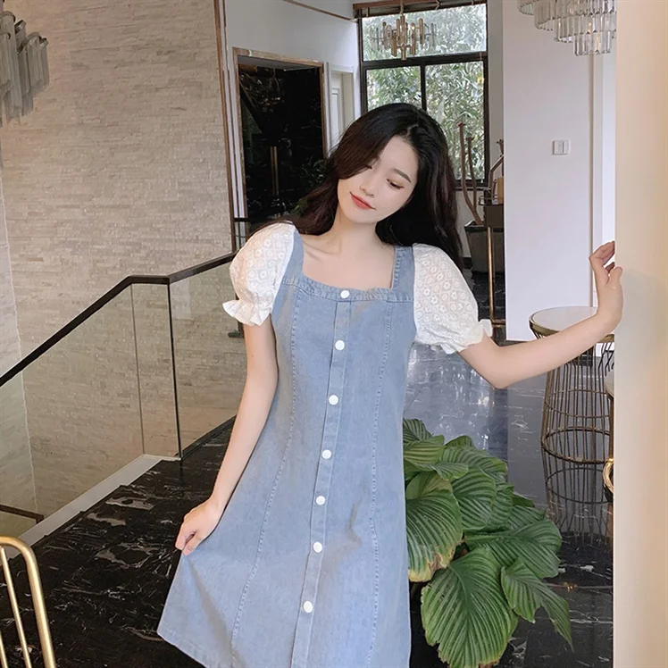 

New 2026 Women's Denim Dress Thin Lace Splicing Summer Fashion plus Size Korean Style Commute Wind Square Collar Bubble Sleeve