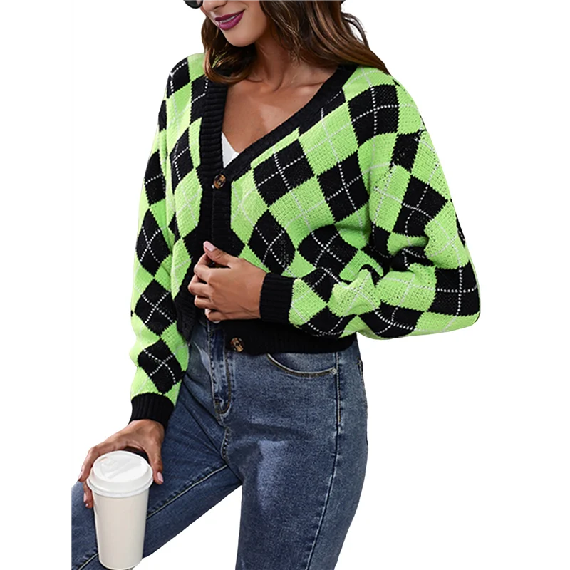 SQPP-Women's Knit Cardigan Sweaters Long Sleeve Argyle Open Front Button Down V Neck Cropped Coats Casual Trendy Tops