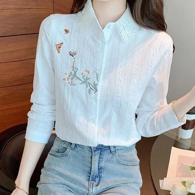Pure Cotton Embroidered Large Size Shirt for Women Long Sleeves New Women Fashionable Lace Retro Versatile Cardigan