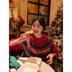 MEXZT Vintage Jacquard Sweater Women Christmas Red Knitted Pullovers Aesthetic Print Knitwear Winter Korean Long Sleeve Jumpers