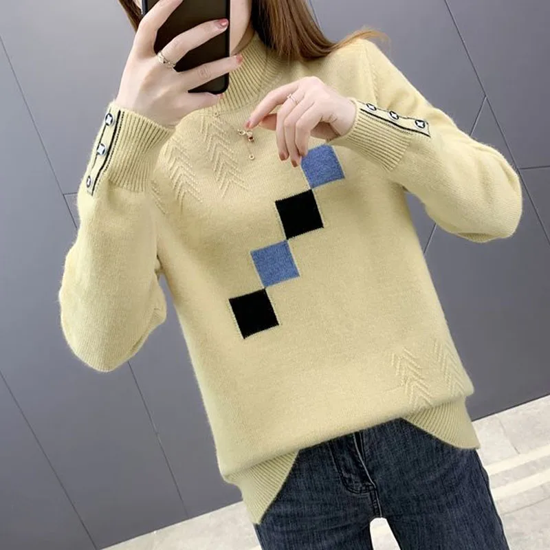 Autumn and Winter Fashion Trends Korean Edition Half High Neck Versatile Loose and Simple Color Matching Women\'s Knitted Sweater