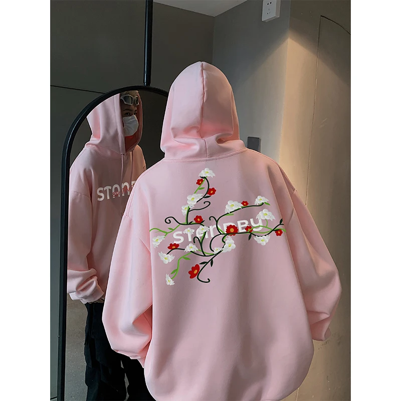 Autumn Retro Letter Printed Hooded Sweatshirt Botanical Floral Design Long Sleeve Fashionable Hundred Couple\'s Clothing