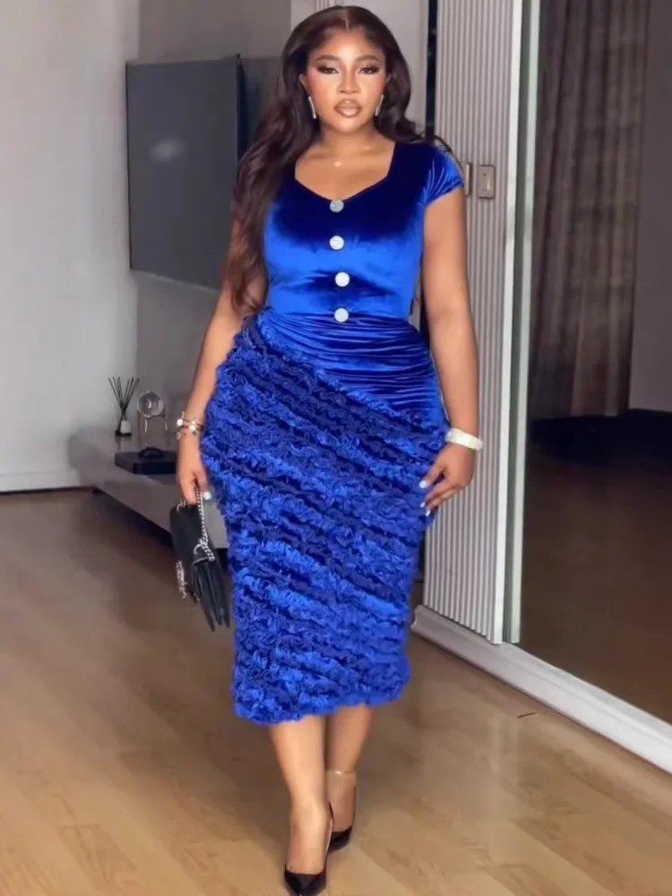 African Dresses for Women Elegant Spring Summer Short Sleeve Dashiki Midi Dress Ladies Traditional African Clothing Ankara Dress