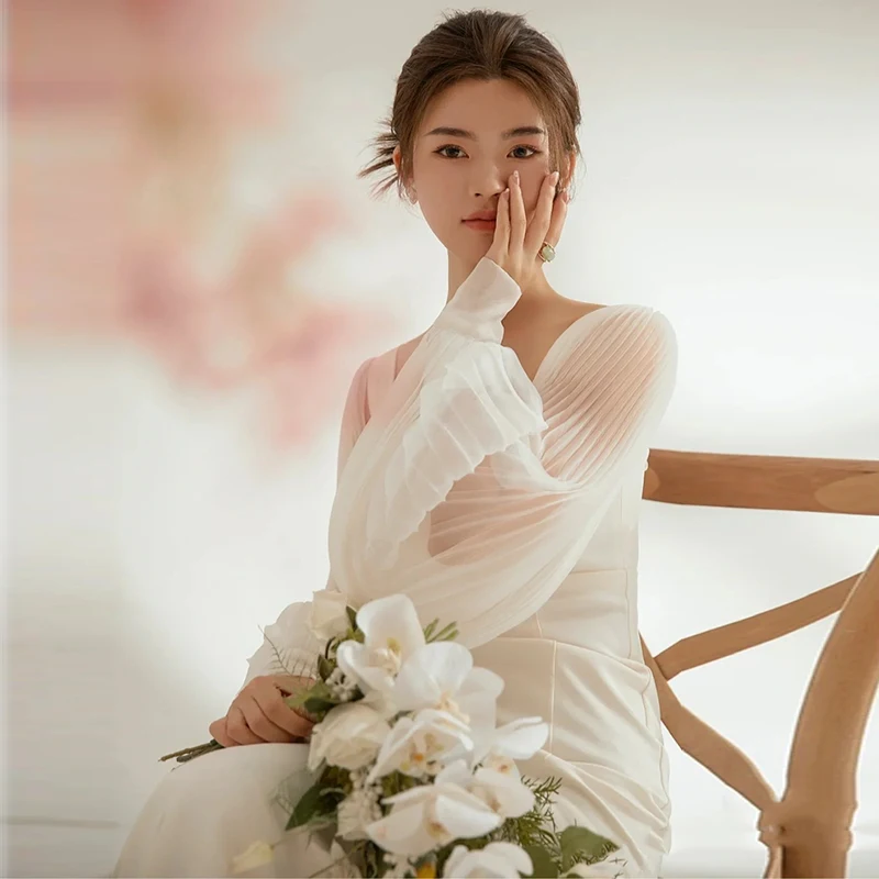 Einfache Weiß Koreanische Stil Meerjungfrau Platz Kragen Hochzeit Kleid Zipper Stain Puff Hülse Brautkleid Für Frauen Robe De Mariée