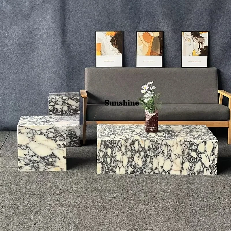 

YLuxury Stone Furniture Low Marble Plinth Living Room Luxury Natural Customized Calacatta Viola Coffee Side Table 3Pcs Set