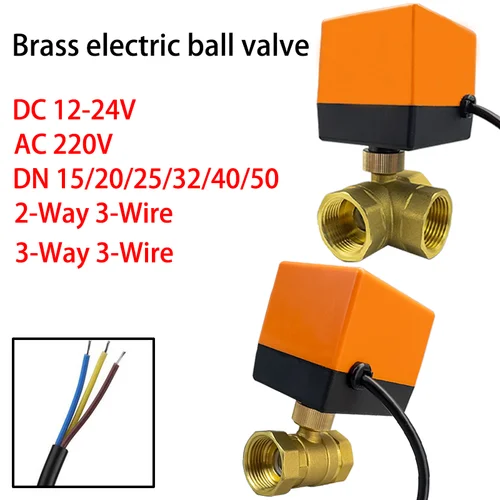 Ac 220V DC 12V-24V Válvula de bola de rosca eléctrica de latón Actuador de válvula de agua solenoide de 3 cables de 2 controles, DN15/20/25/32/40/50