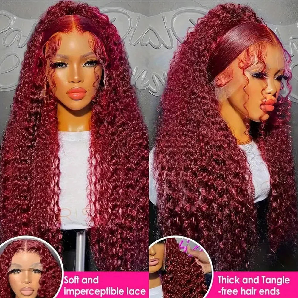 13x4 Deep Wave Lace Front Wigs Burgundy Wig Human Hair 99j Burgundy 30 Inch Human Hair Pre Plucked HD Transparent Lace Frontal Wigs for Black Women Wine Red Colored Wig 99J Burgundy Lace Front Wigs St image 4