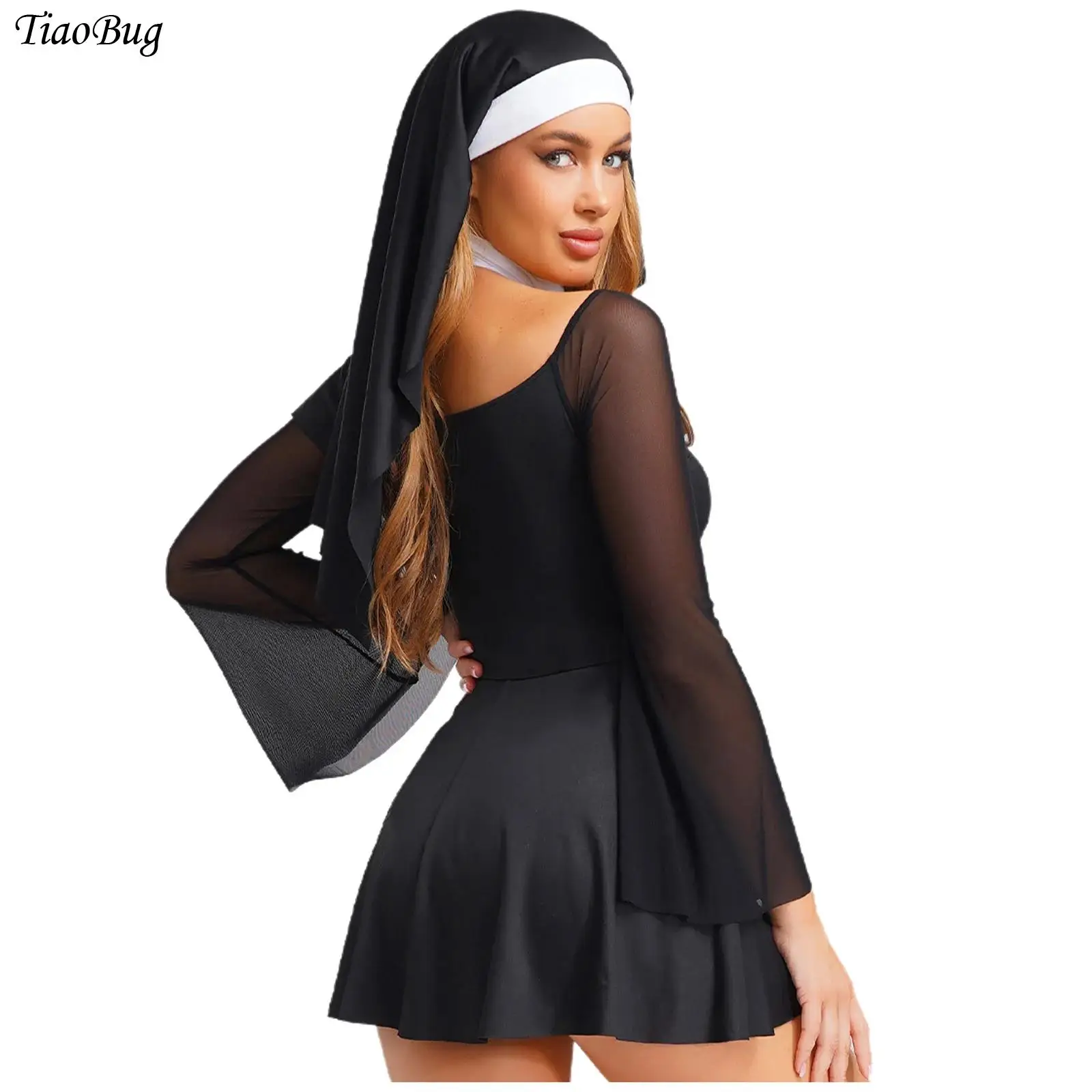 

Women Sexy Nun Cosplay Costume Church Religious Halloween Sister Dress Off Shoulder Mesh Culottes Mini Dress with Headscarf Set