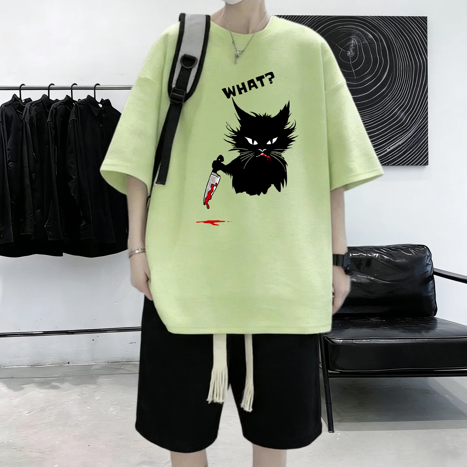 Enjoy My Work Machine Cat Prints Men All-Match Loose T-Shirt Casual Cotton Vintage Clothes Summer Comfortable Short Sleeve