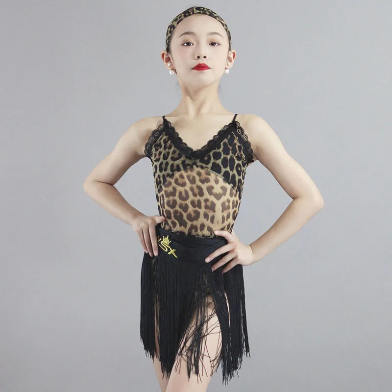 

Summer New Latin Dance Clothes For Girls Lace Leopard Tops Black Fringed Skirt Kids Latin Practice Wear Dance Dress DNV19995