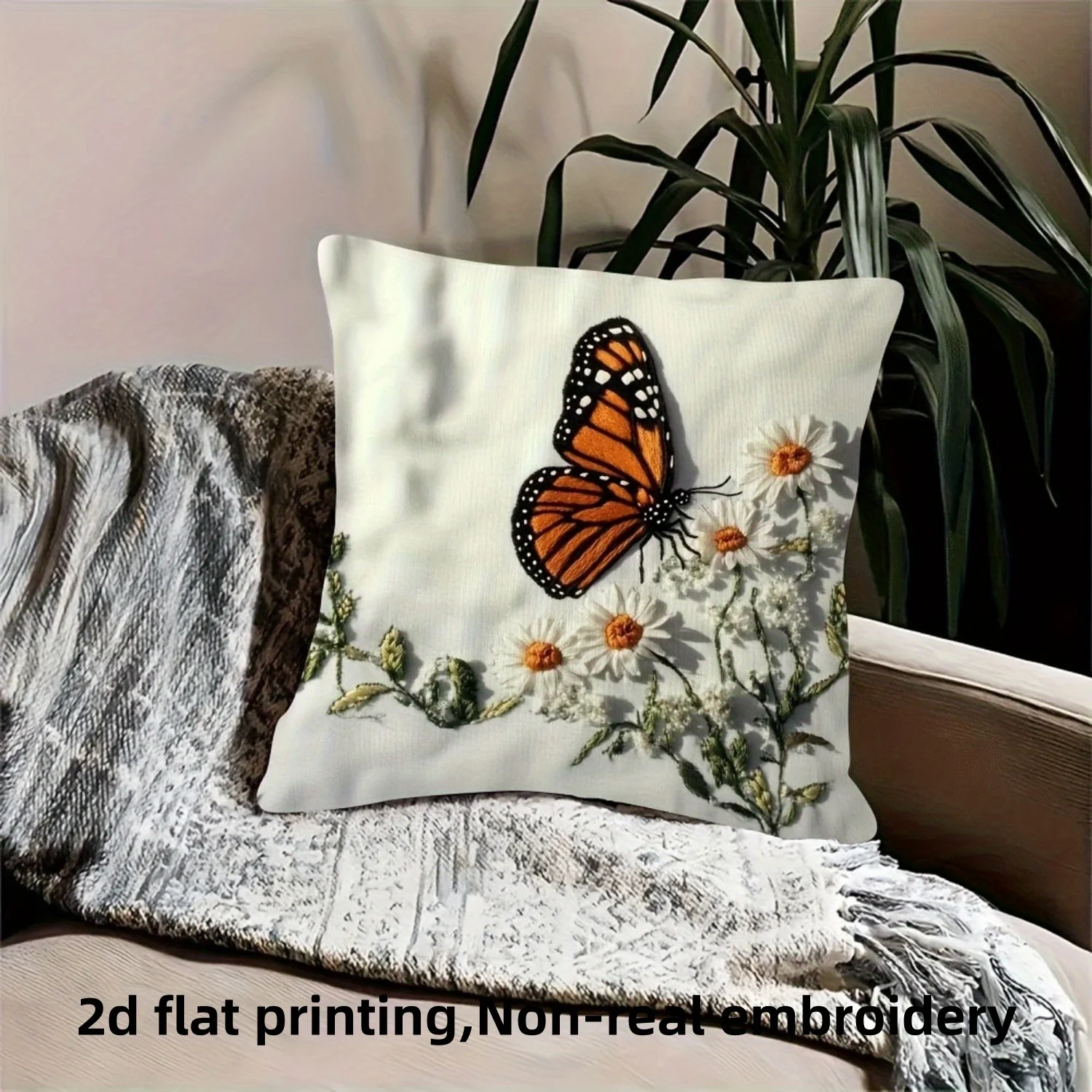 2D Monarch Butterfly Daisy Throw Pillow Cover Vintage Floral Nature Print Decorative Cushion Case for  Home Decor