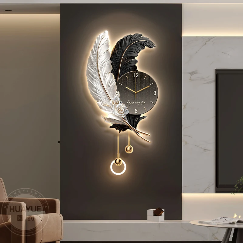 Feather TV background wall decoration painting, light luxury living room clock wall lamp, high-end creative grille wall