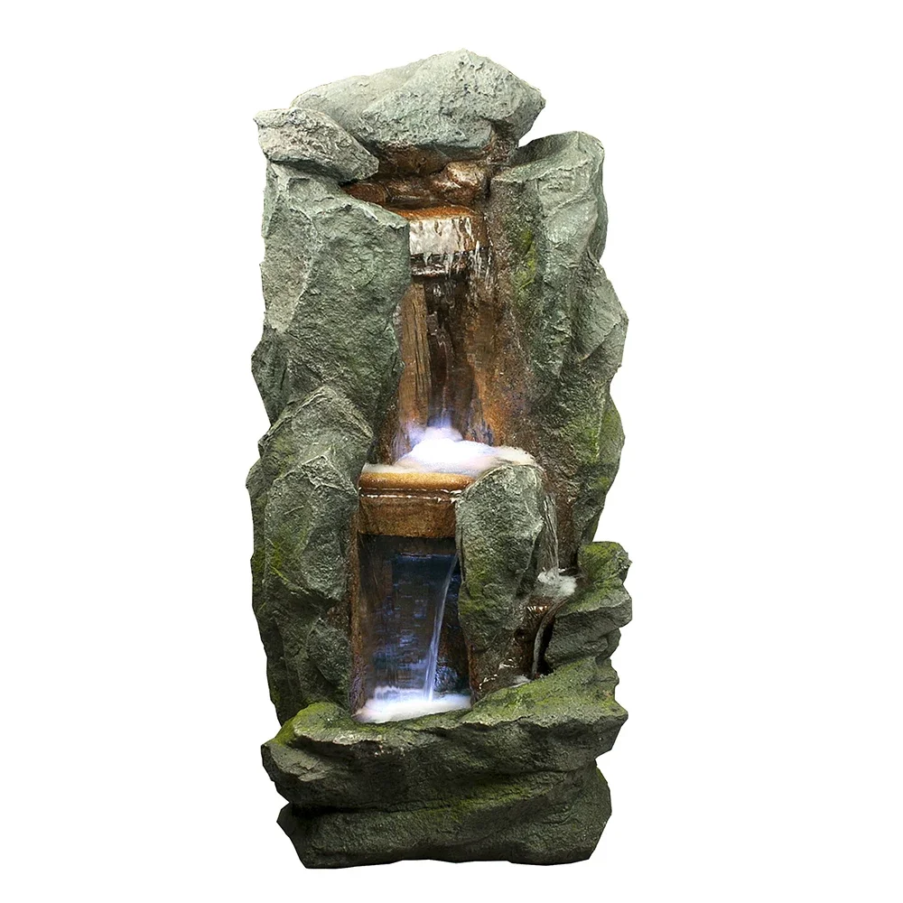 2026 3 Tier Rock Outdoor Water Fountain Garden Floor Waterfall with LED Light for Patio Porch Yard Decor