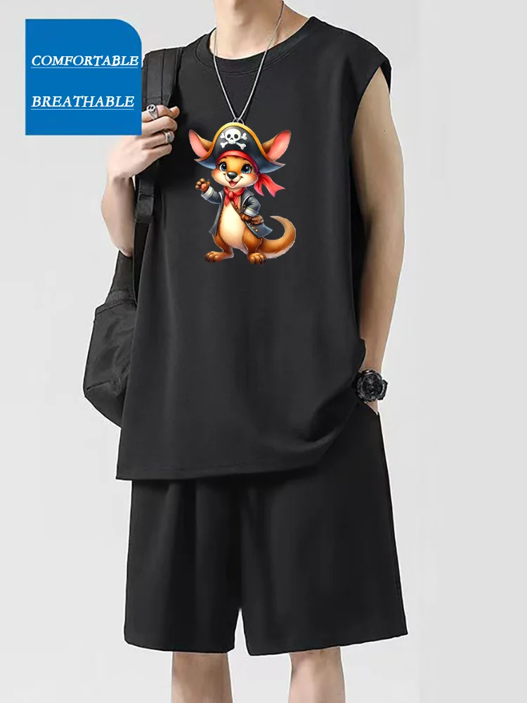 

2025 Men's Fashionable Sleeveless Thin Quick Dry Suit + Summer Casual Sportswear Two-piece Set + Handsome Fox Printed T-shirt