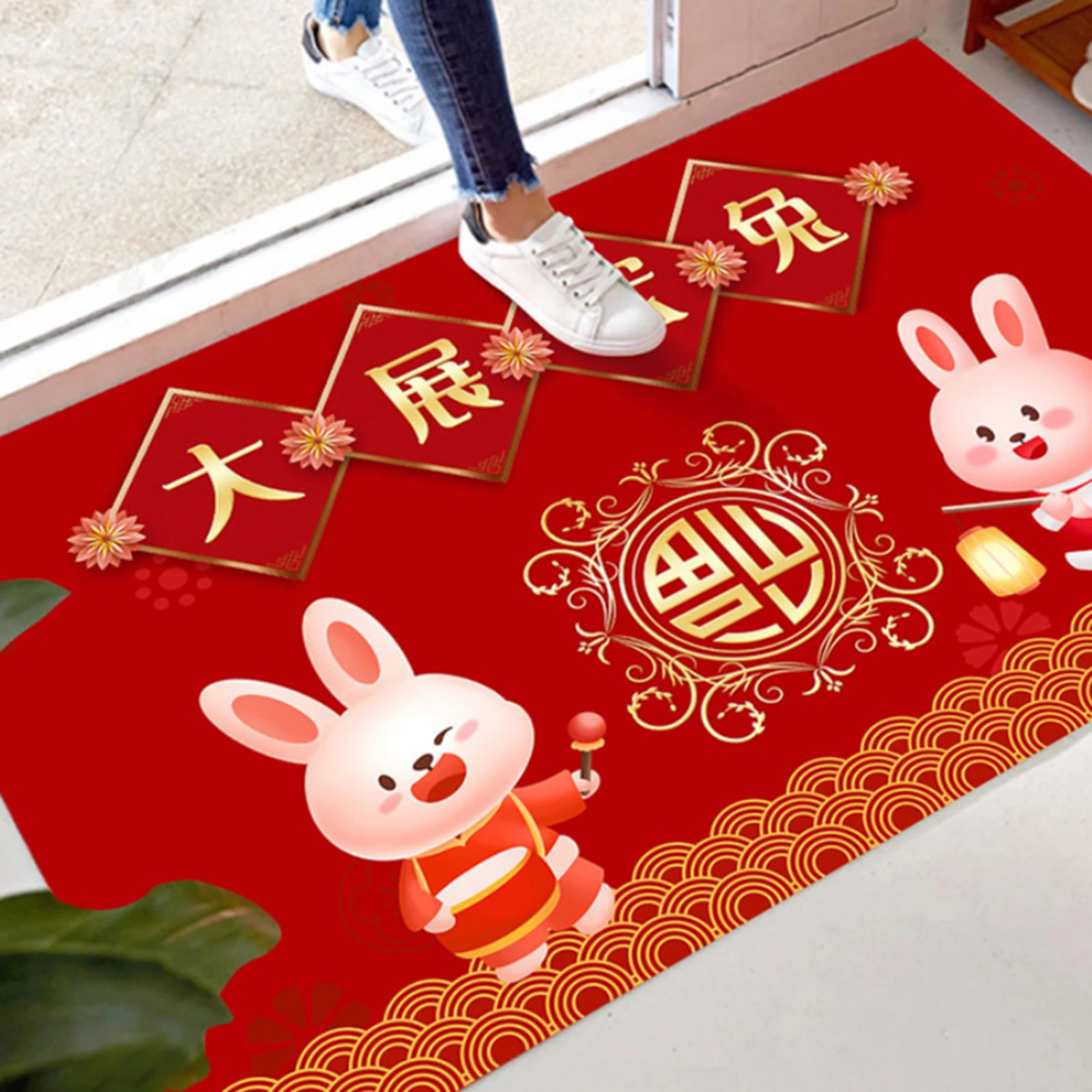 2023 Rabbit New Year Welcome Mat Doormat Chinese Style Floor Mat Indoor Outdoor Rug Bunny Bath Mat Spring Festival Home Decor