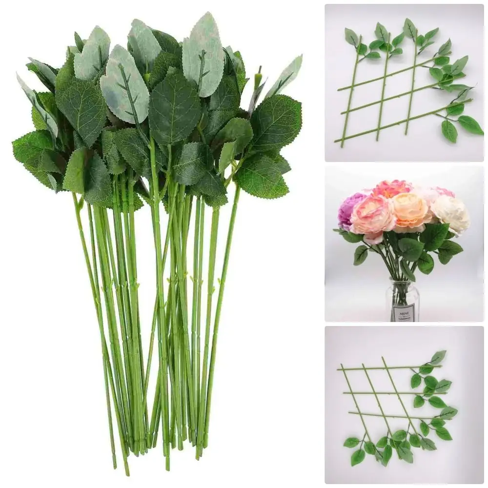 10Pcs with Artificial Leaves Fake Flower Stem Home Decor Gardening Craft Accessories Flowers Stick Rod Plastic DIY