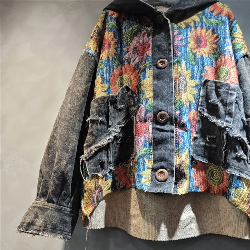 ANJY 가을 새로운 여성 세련된 자켓 인쇄 니트 패치 워크 디스트레스 데님 후드 싱글 브레스트 streetwear 트렌디 코트 a9807