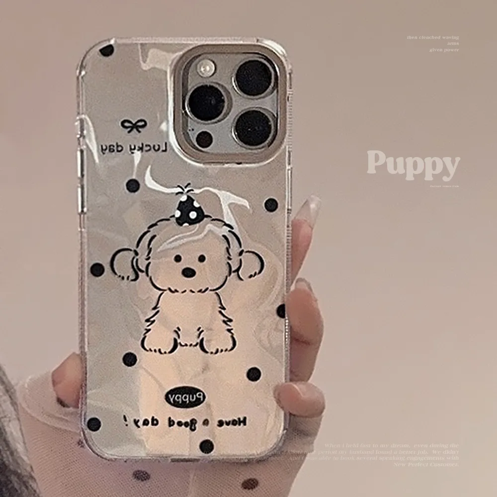 Electroplated Silver Black Polka Dot Puppy Phone Case for IPhone15 14 12 13  Pro ProMax Plus Shockproof Phone Cover